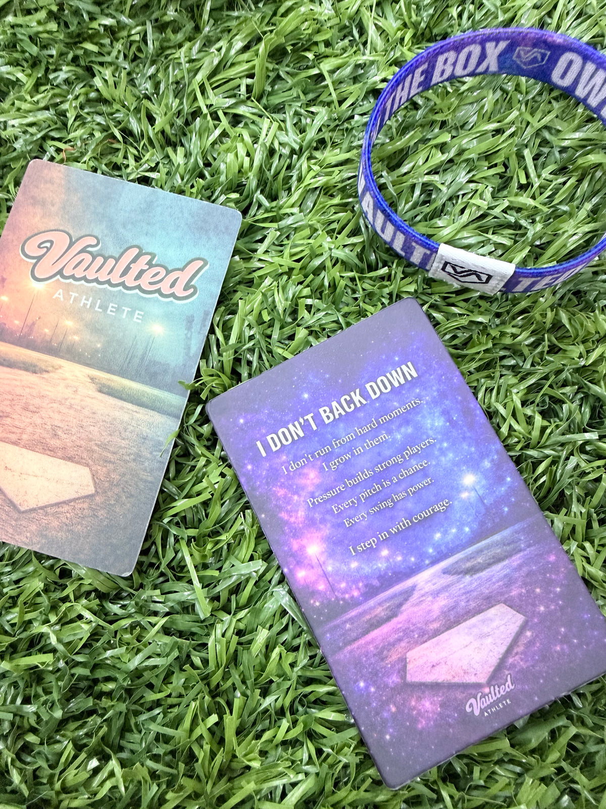 Own the Box VAULTED ATHLETE ™ TAP Band | Galaxy Purple & Blue Message Confidence Wristband for Softball & Baseball