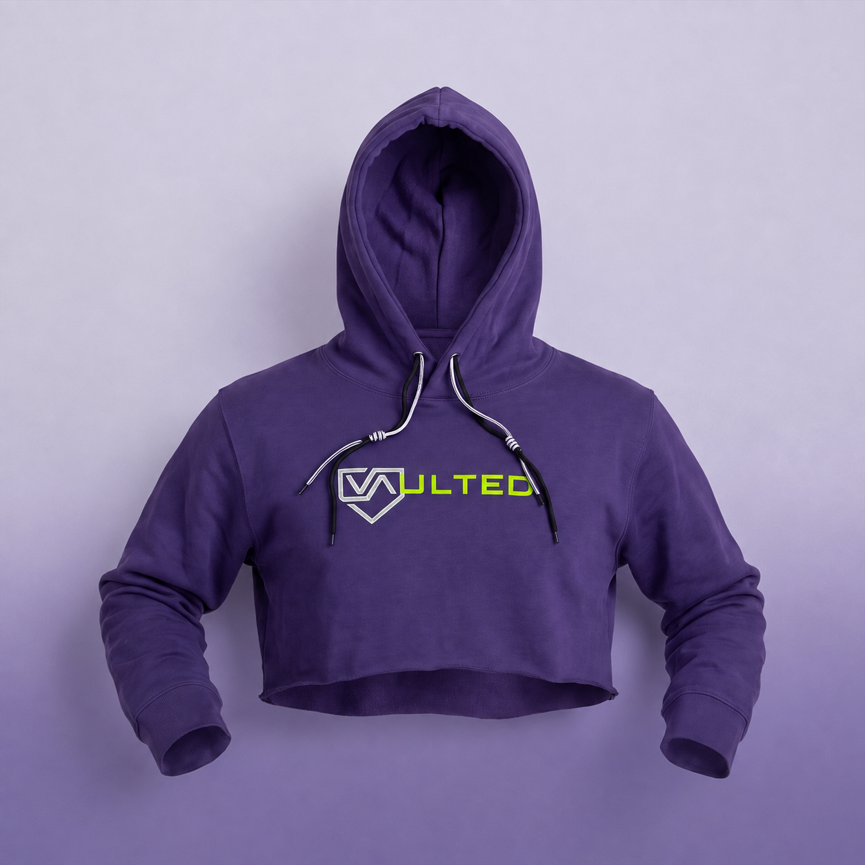 VAULTED Softball Cropped Fleece Hoodie Vibrant Purple and Lime Green/Grey VAULTED logo.