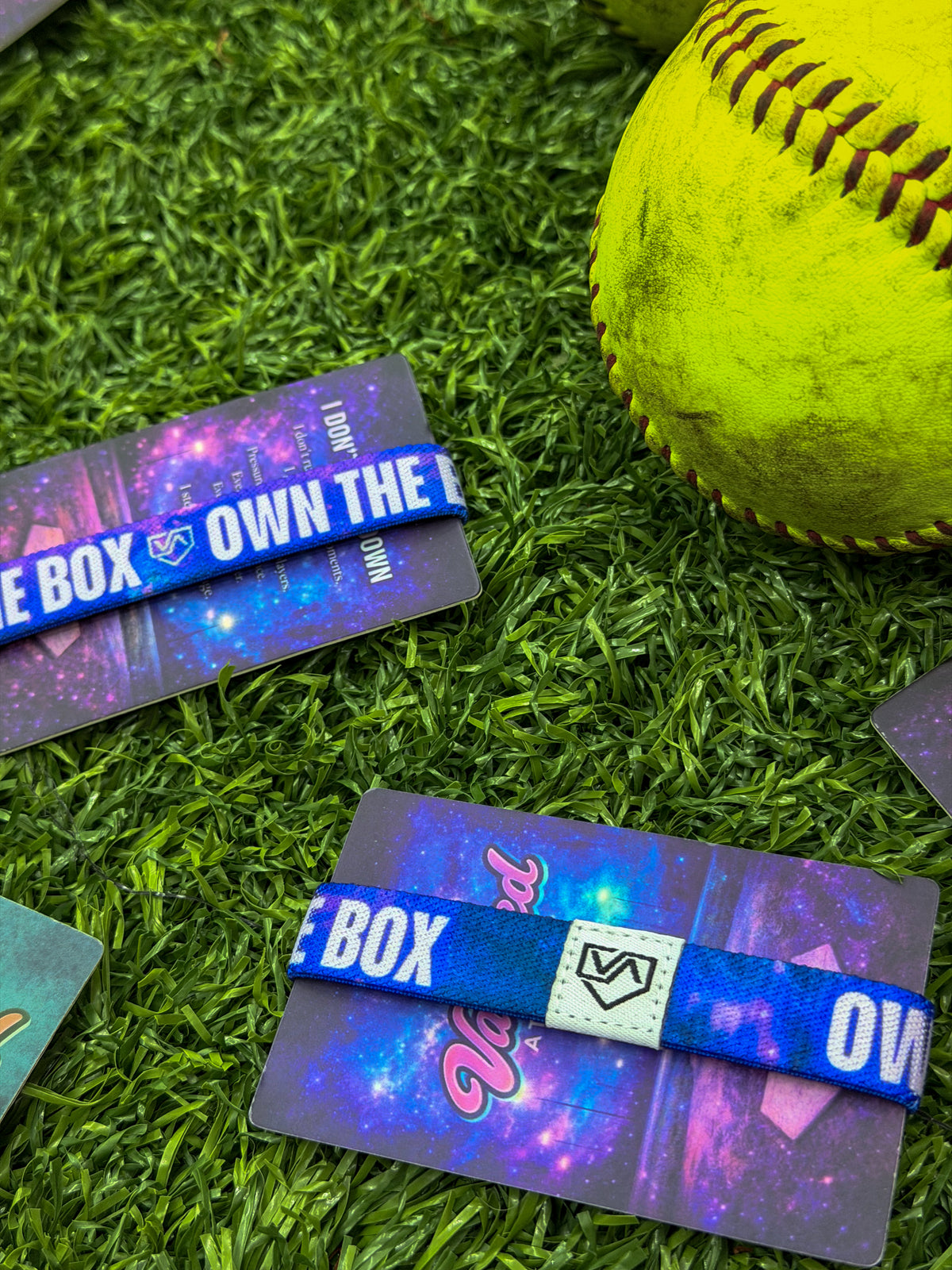 Own the Box VAULTED ATHLETE ™ TAP Band | Galaxy Purple & Blue Message Confidence Wristband for Softball & Baseball