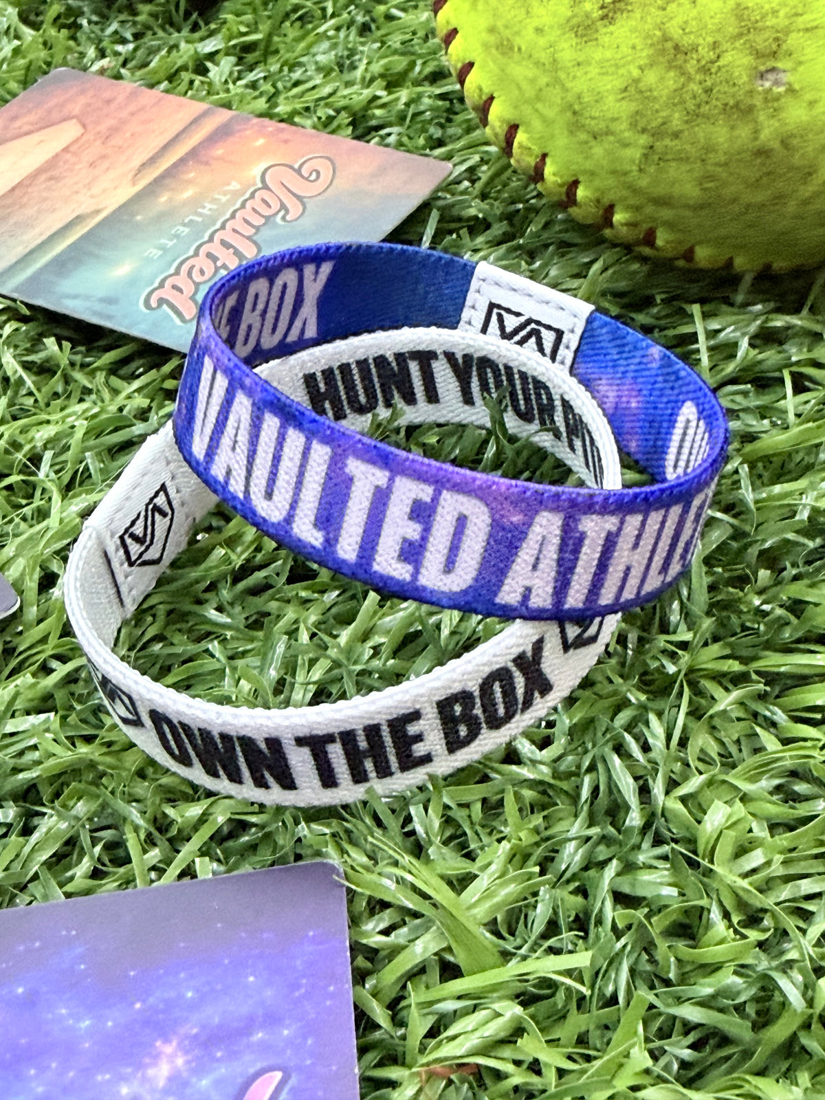 Own the Box VAULTED ATHLETE ™ TAP Band | Galaxy Purple & Blue Message Confidence Wristband for Softball & Baseball