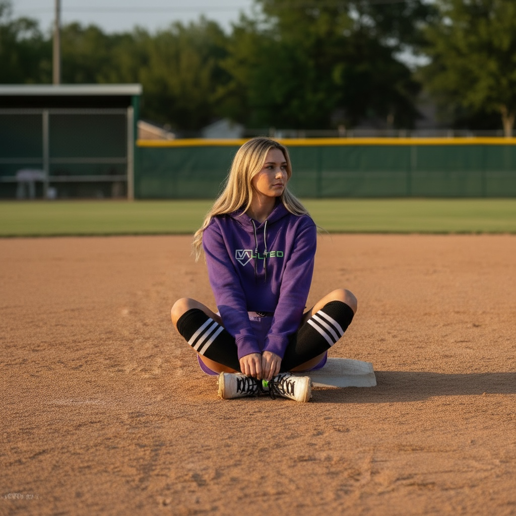 VAULTED Softball Cropped Fleece Hoodie Vibrant Purple and Lime Green/Grey VAULTED logo.